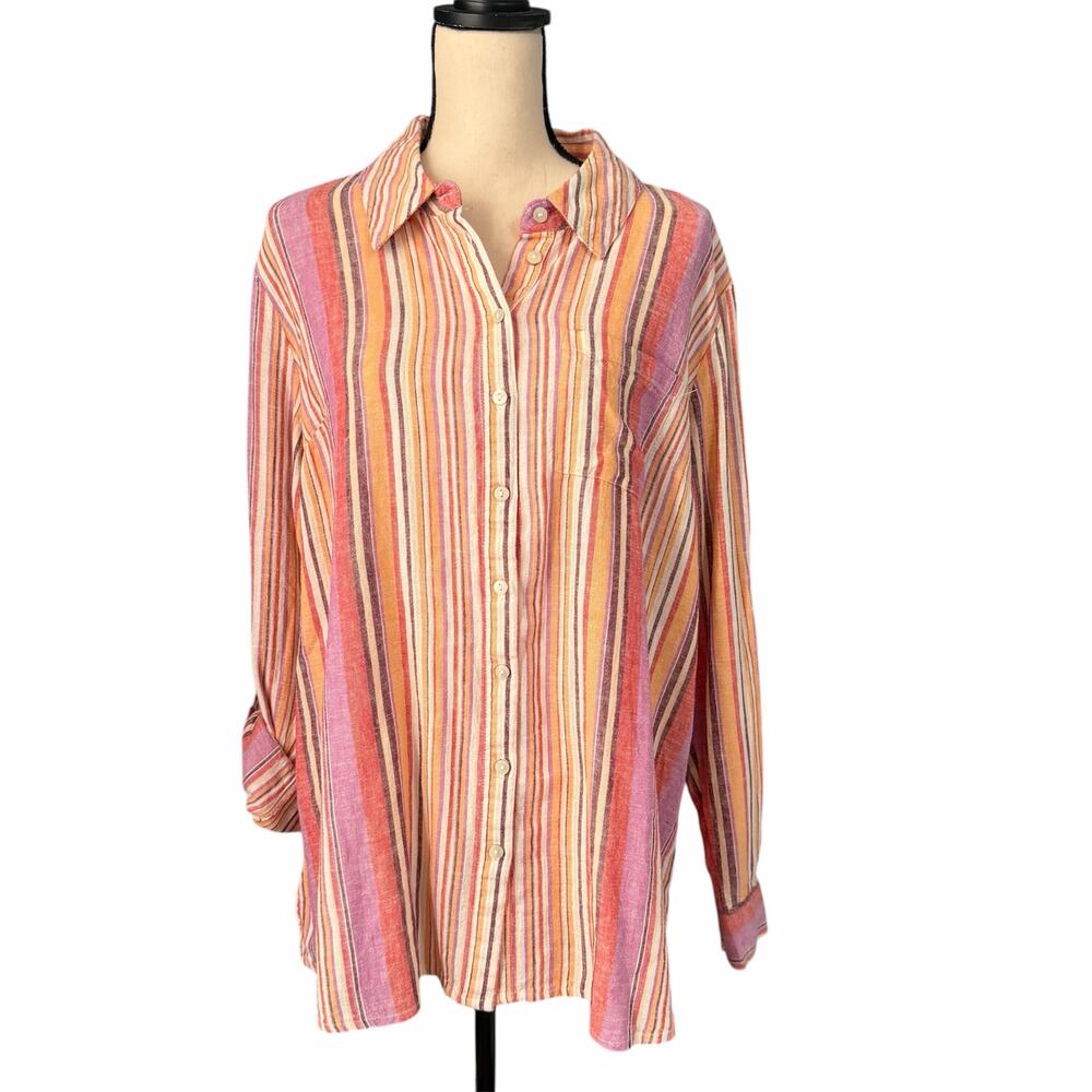 Natural D&Co Women's Striped Linen Blend Tunic Top Sz L Beachy Lagenlook Summer